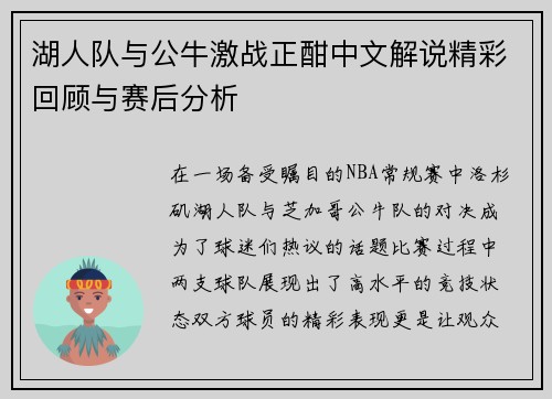 湖人队与公牛激战正酣中文解说精彩回顾与赛后分析